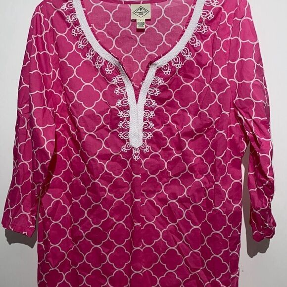 St. John's Bay Women's Quatrefoil Split Neck 3/4 Sleeve Cotton Blouse Large - Picture 1 of 8